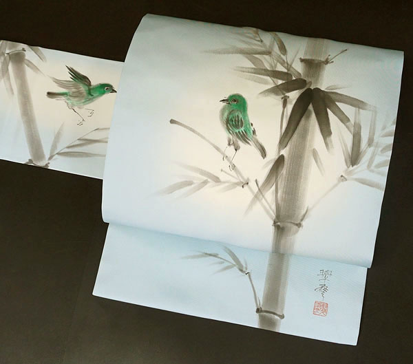 ≪8369≫手描き竹笹に小鳥　正絹塩瀬九寸名古屋帯　未使用