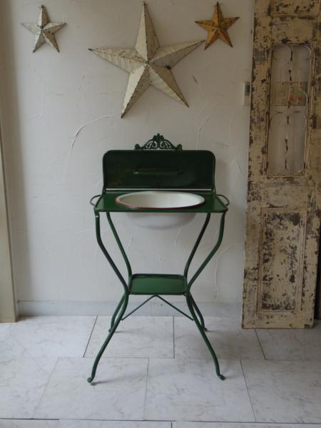 ■アイアン・ウォッシュスタンド27■ホーローボウル付き・緑