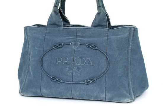 1円 PRADA プラダ カナパ 刺繍ロゴ デニム トート バッグ ブルー