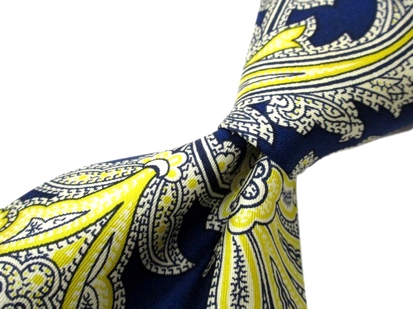 1円 美品 エトロ ETRO ペイズリー柄 メンズ ネクタイ 紺 × 黄