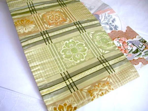 §§アンティーク染め名古屋帯（桜刺繍、御所車）裏は格子に花　