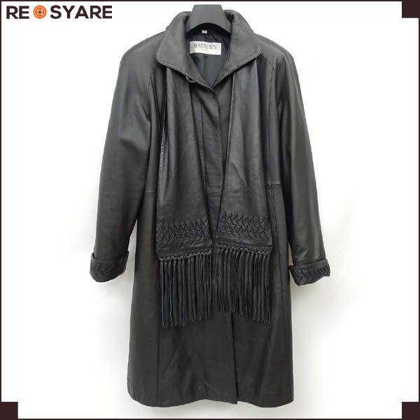 美品*高級*BALMAIN*ラムレザー*比翼コート*ストール付き*13394