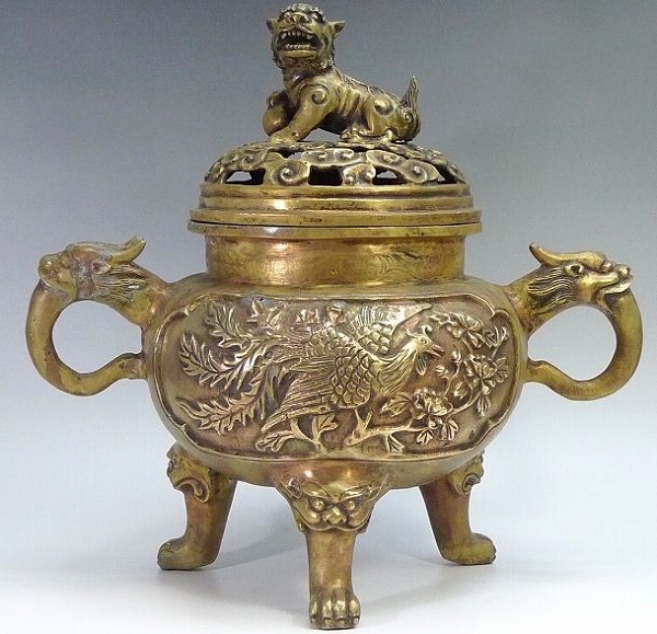 ▲14Z14▲大明宣徳年製・金線象嵌花鳥文獅子頭耳足大香炉