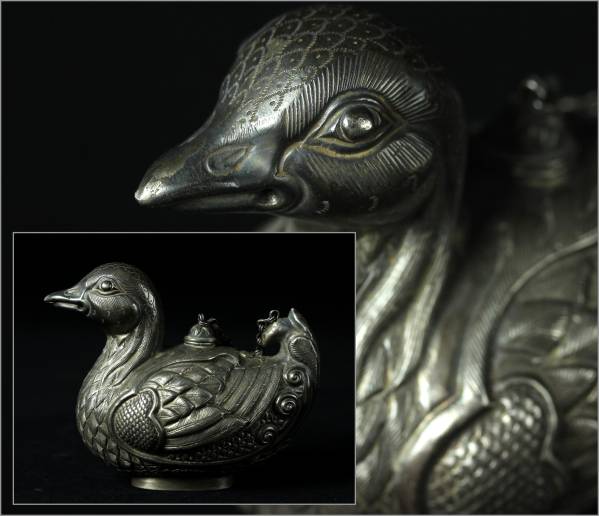 櫻】古美術品 時代 古銀製 鴨形水滴 細密彫金細工 極上品[s] 金工師造
