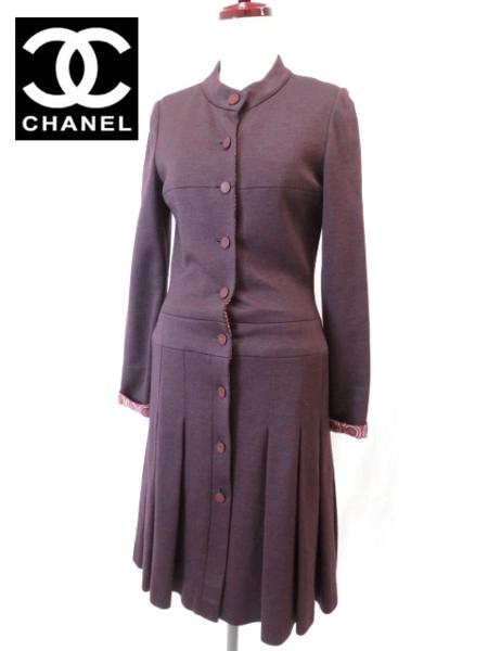 極美品◎仏製 シャネル カシミヤ×シルク混 ロングワンピース 紫