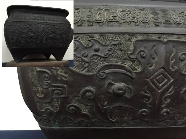 ■時代宣徳銅饕餮紋様四方面取耳瓶掛 火鉢■(R14