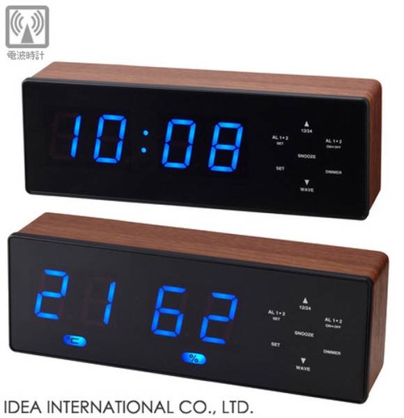 IDEA LABEL 電波LEDウッディ温湿度計ミニ ブラウン×ブルーLED