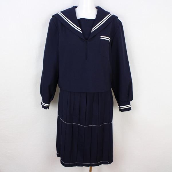 中古スクール制服学生冬白2本線セーラー服高校中学上下紺EK8441