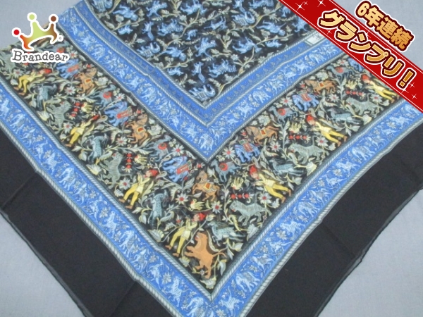 エルメス スカーフ 新品同様 黒×ブルー×マルチ HERMES