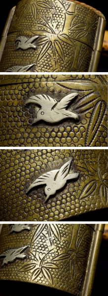 【真鍮製竹雀文トンコツ/鹿角彫煙管筒】 提物印籠根付緒締玉