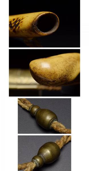 【真鍮製竹雀文トンコツ/鹿角彫煙管筒】 提物印籠根付緒締玉