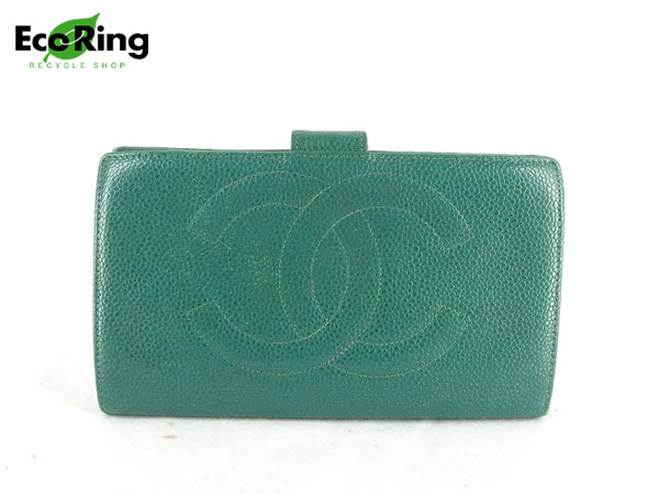 1円 シャネル キャビアスキン ガマ口 二つ折り長財布 緑 AJ352