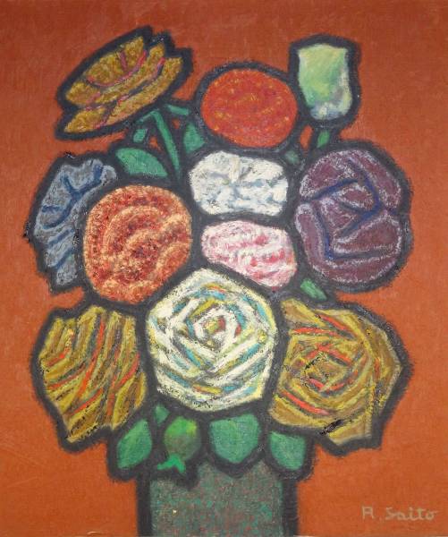 高品質，HOT ◎斉藤力太《油彩画》肉筆《花瓶・花》