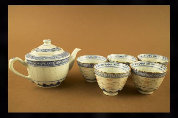 染付 景徳鎮・ヴィンテージ蛍手透かし煎茶碗＆ティーポット 茶器 中国景