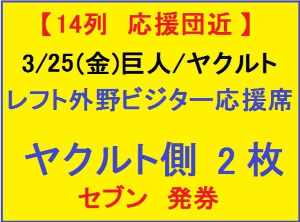 【14列 応援団極近】3/25レフトビジター応援席 2枚 セブン発券
