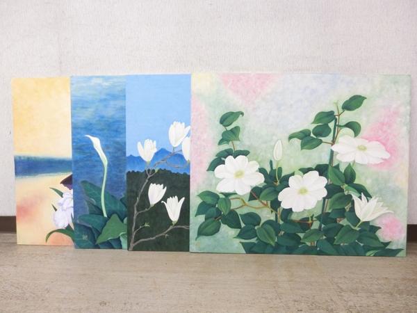 H00104 仲美佐　花の静物　F20　紙本肉筆　4枚　静物画