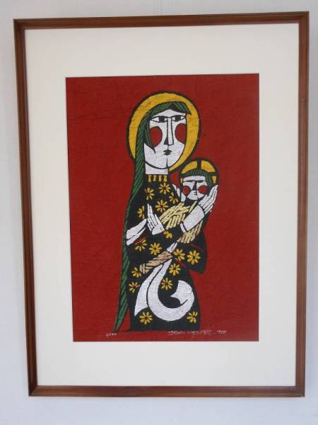 渡辺禎雄・【マドンナ・聖母子像】・型染版画・・1988・10号 美術品