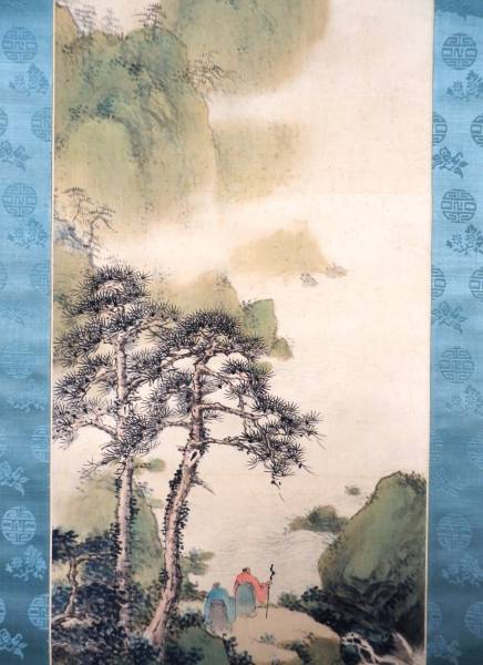 内藤琪土　「蓮美霊境」自題箱書共箱付　掛軸絹本半切立南画山水