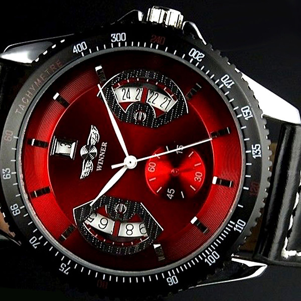 新品即決WINNER自動巻き オートマメンズ腕時計 フェイクレザー赤