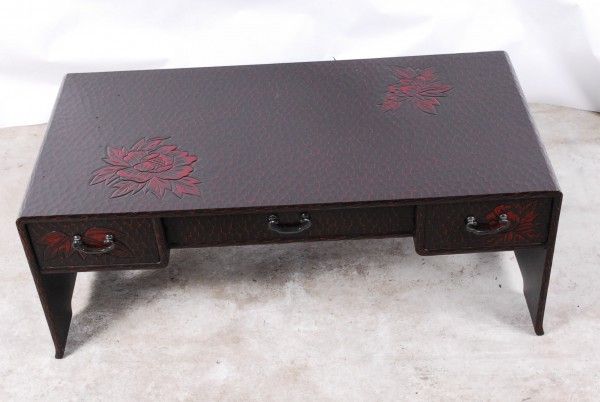 鎌倉彫り文机ローテーブル引き出し付和家具ガラス板付牡丹柄