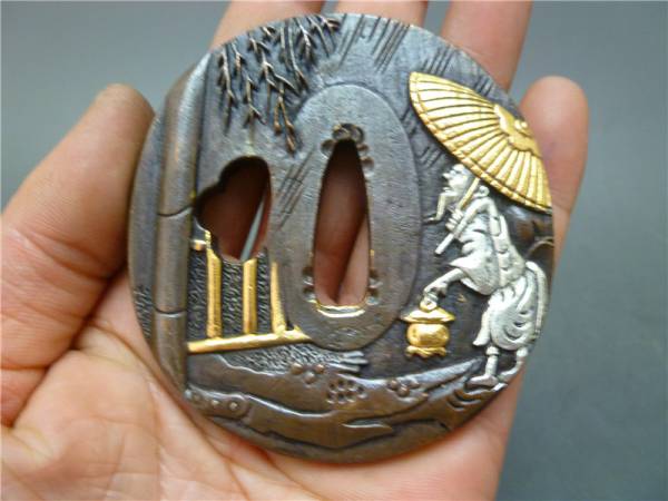 ◆賞玩閣◆X071 紫銅金銀鍍 刀鍔 在銘 武具 刀装具