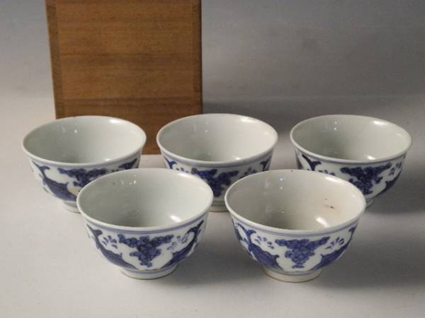 中国 南京白磁 染付寿文 煎茶碗 五客 時代箱付 金継ぎ直しあ M R6911