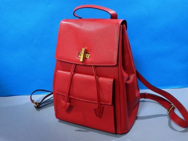 1円 セリーヌ 高級レザー リュックサック 赤×ゴールド 超美品