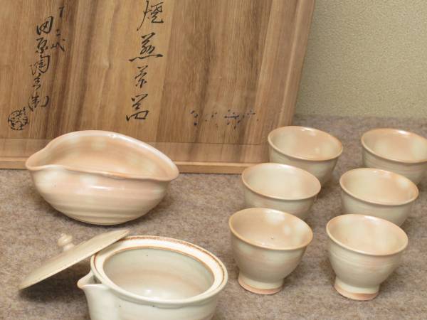 26858!萩焼深川窯　田原陶兵衛　煎茶揃　湯呑　急須