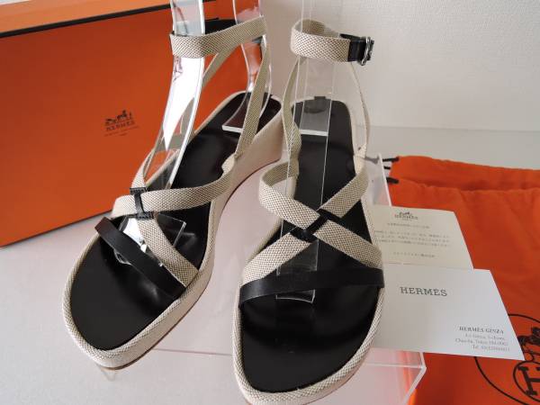 エルメス HERMES キャンバス ストラップ サンダル 37 箱付