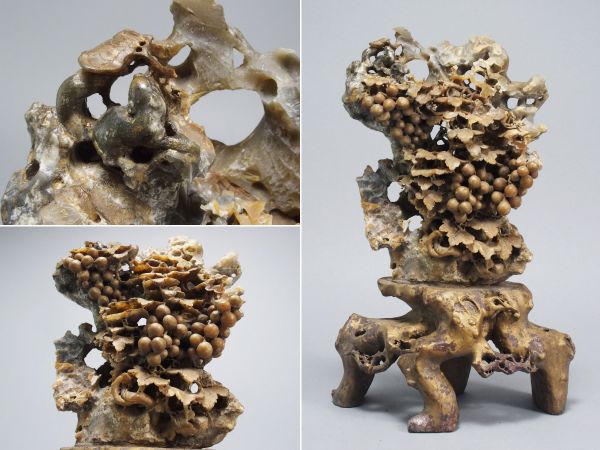 A021. 中国美術 石彫 葡萄栗鼠図 置物 高さ29.2cm / 飾り物