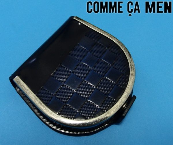新品1.3万★コムサメン 本革レザー 市松柄 コインケース★青黒