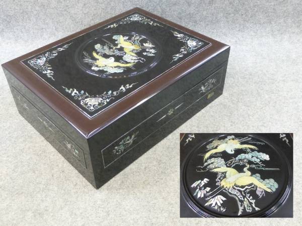木製漆器 螺鈿細工 鶴図 硯箱 文箱 大箱 39×30㎝ S100 Yahoo