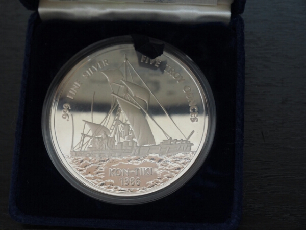 サモア 1986年 銀貨 プルーフ コンティキ号 25ドル銀貨 超大型1986年 