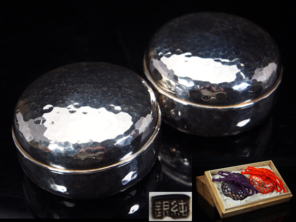 【治】純銀製 鎚目紋菓子器一対☆計78ｇ ヤンポー 元箱付 HL64