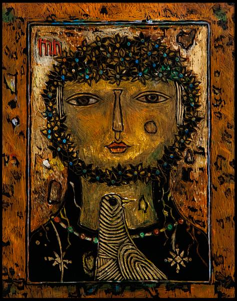 【五】ガラス絵 『男と鳩』 サイン有 額装