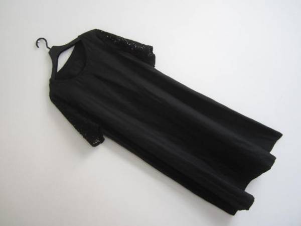 即決●ハンドメイド●黒リネン・シンプルＯＰレース袖／ＬＬ