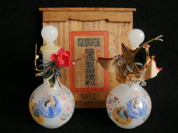 蔵出し　ガラス絵徳利　戦前ガラス手彩鶴亀文 玻璃製徳利一双　