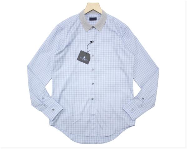 1円 LANVIN◆薄青チェック柄 襟異素材切替シャツc533*ns38新品