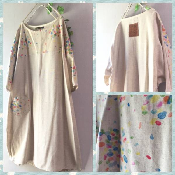 【ハンドメイド】コットンリネンしゃぼん玉柄？ワンピース：北欧