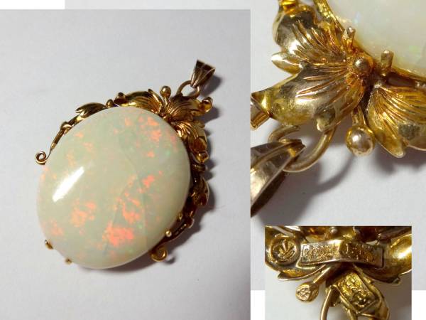 ◆嵐◆アンティーク 純金金具 花文 オパール 大玉 トップ A954