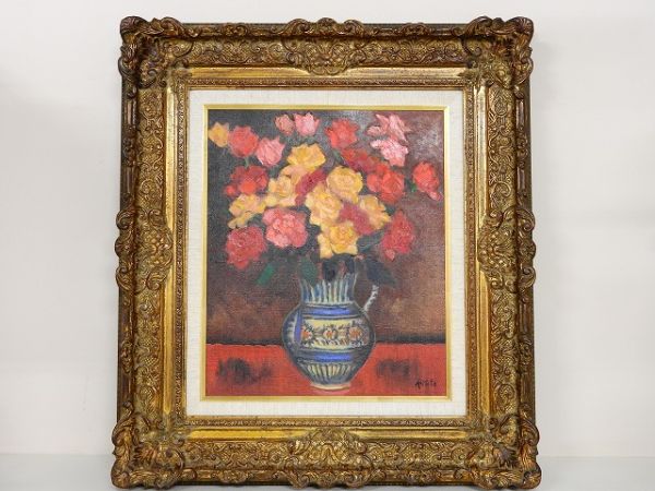 2277/●油彩画 平田春生 ばら F8 肉筆 油絵 静物画 絵画 額装