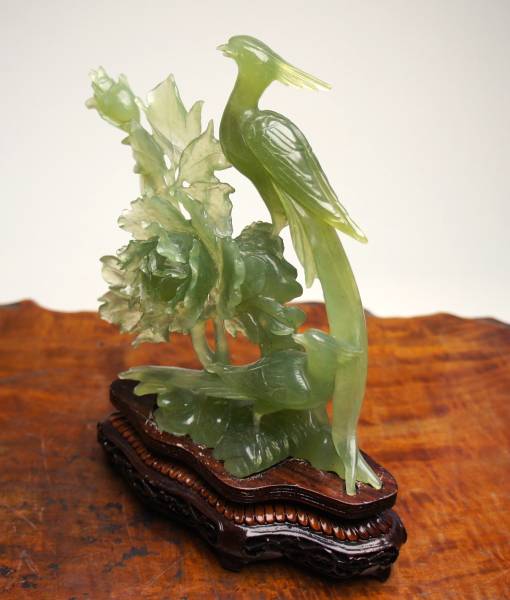 天然石花鳥彫刻置物 検和田玉翡翠