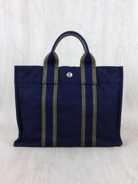 HERMES◆フールトゥPM/トートバッグ/NVY/キャンバス/無地