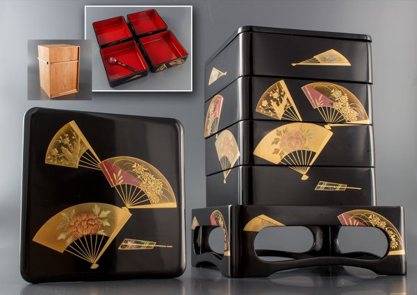イI1J)黒塗内朱木地時代扇蒔絵四段重箱 箱付 8598 6 【公式通販】