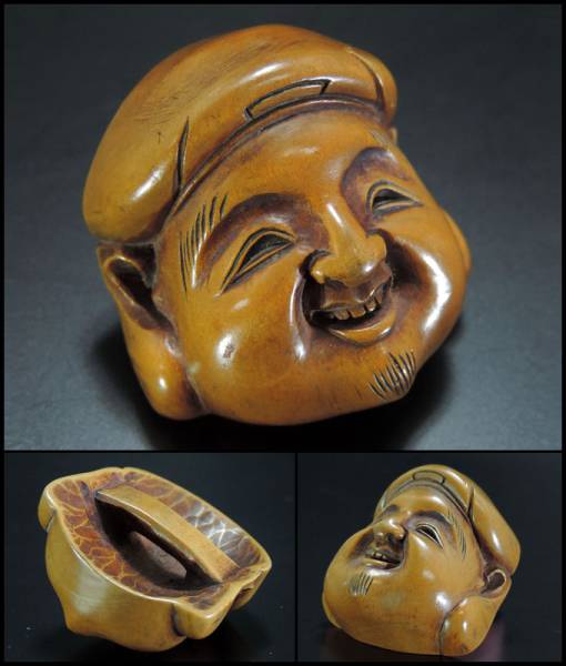 【里】時代提げ物 黄楊木彫 恵比寿様のお顔 根付 古玩 MZKD