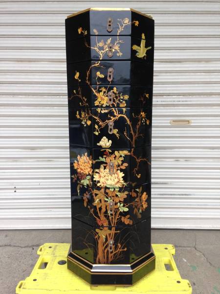 中国美術工芸 八角形スリムチェスト 手描き花鳥図 花鳥図 メンテナンス 