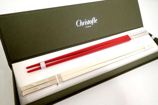 未使用◇Christofle クリストフル ユニ箸 ペアセット 白&赤 Christofle