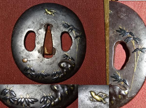 【治】 ☆砥☆ 笹竹に鳥の図　　色絵象嵌　　鉄地　　時代刀鍔