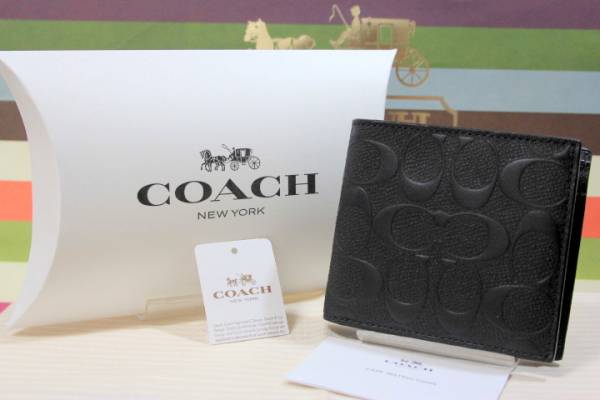 新品1円 本物 コーチ財布 メンズ シグネチャー エンボス レザー