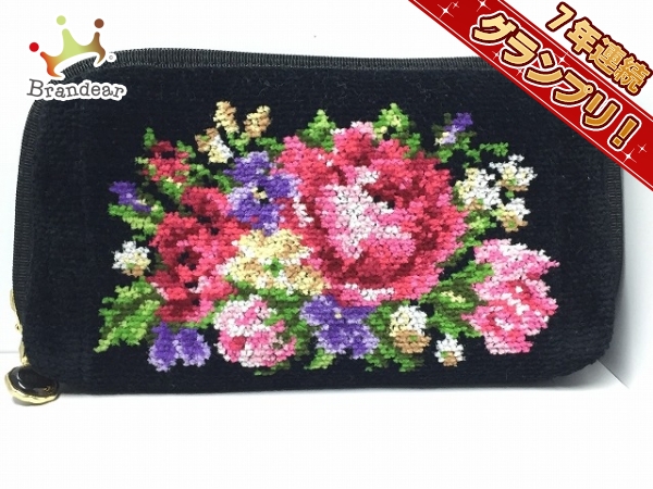 FEILER（フェイラー）　花柄　長財布 フェイラー 長財布 美品 黒×マルチ ラウンドファスナー/花柄 ふ